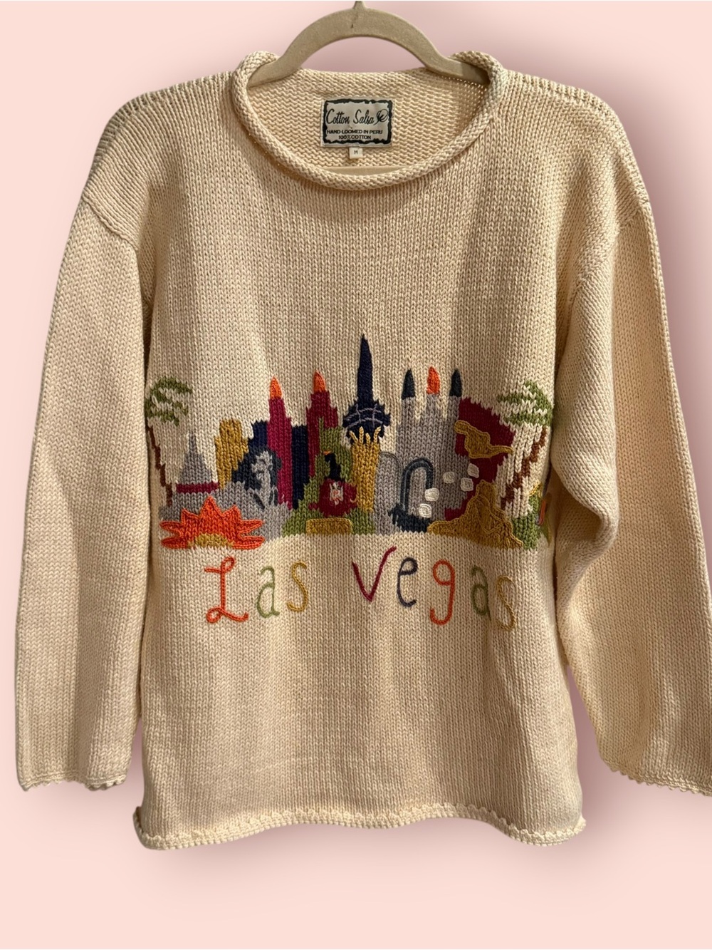 Vintage Las Vegas Hand Loomed Cotton Sweater M Embroidered Peru